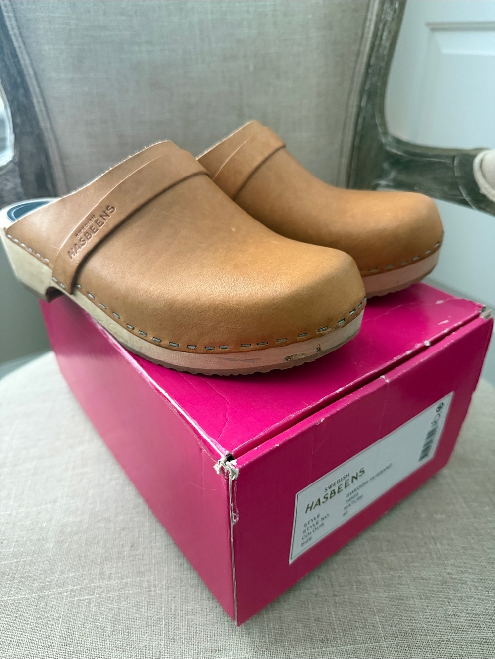 Swedish Hasbeens Tan Leather Clog Mules